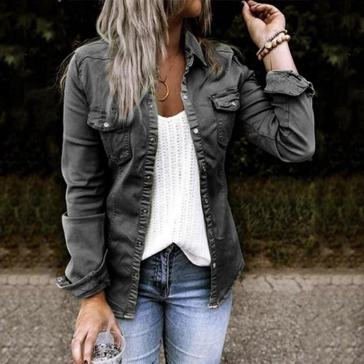 Denim Jacket with Ruffled Front for Women
