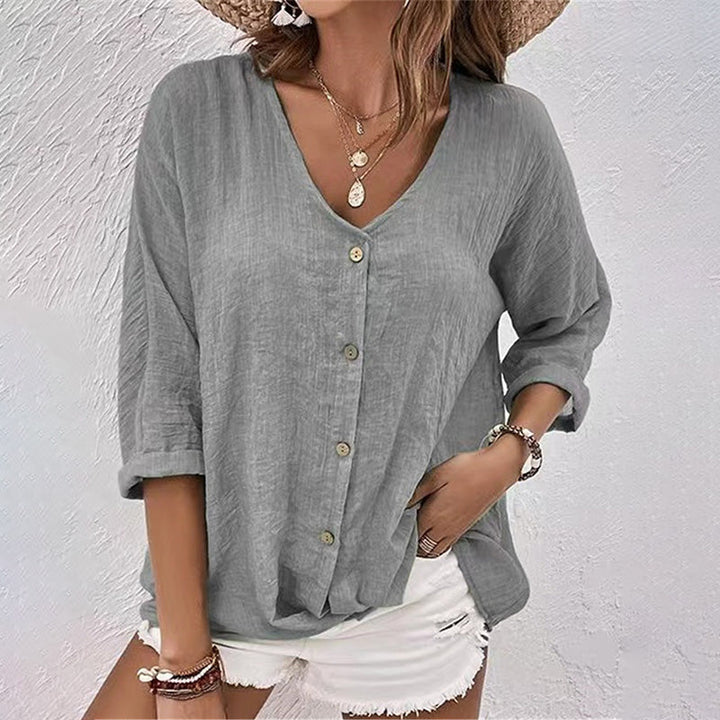 Casual V-Neck Shirt for Women – Long Sleeve Solid Button-Up