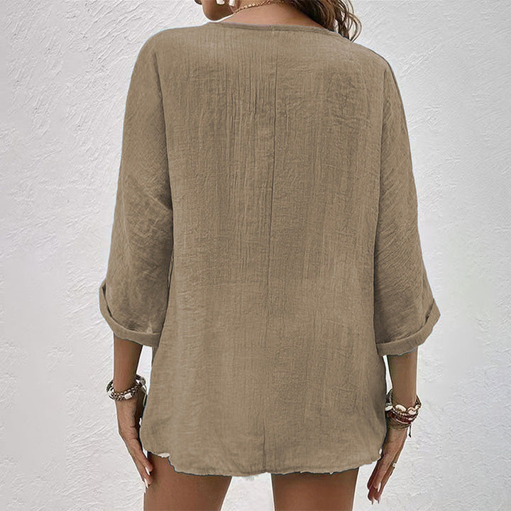Casual V-Neck Shirt for Women – Long Sleeve Solid Button-Up