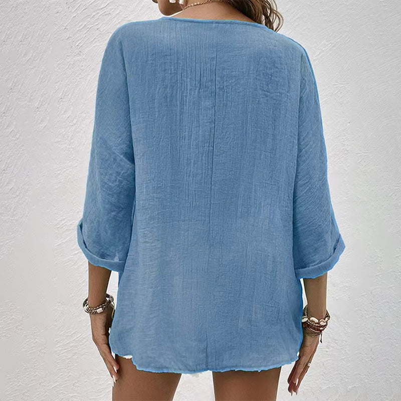 Casual V-Neck Shirt for Women – Long Sleeve Solid Button-Up