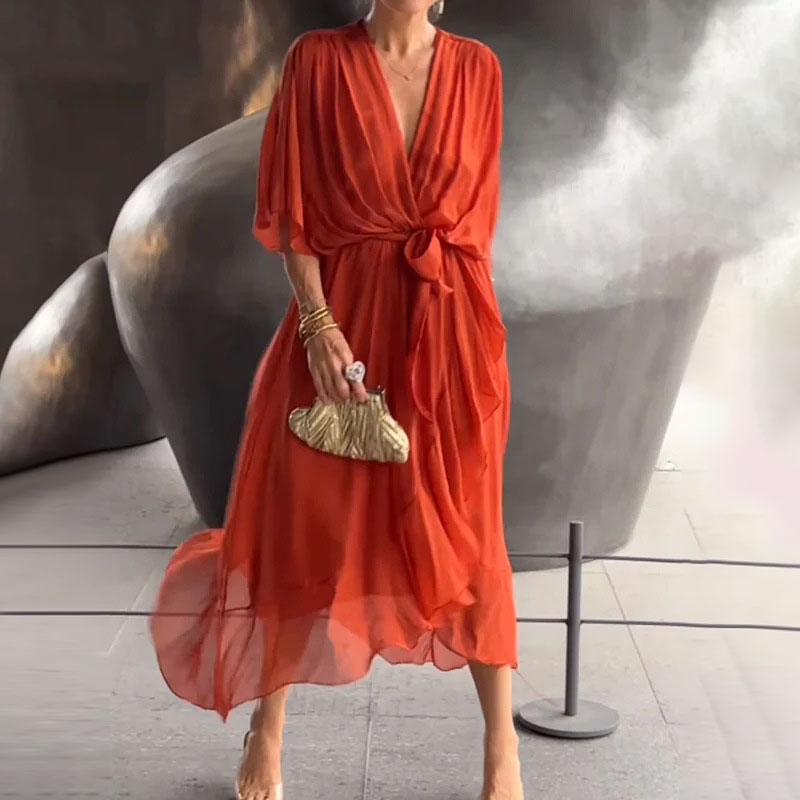 Wrap Midi Dress with Tie Waist for Women