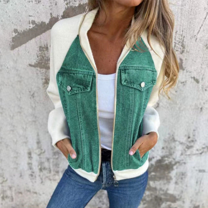 Women's Zip Denim Style Jacket – Comfortable Patchwork Casual Jacket