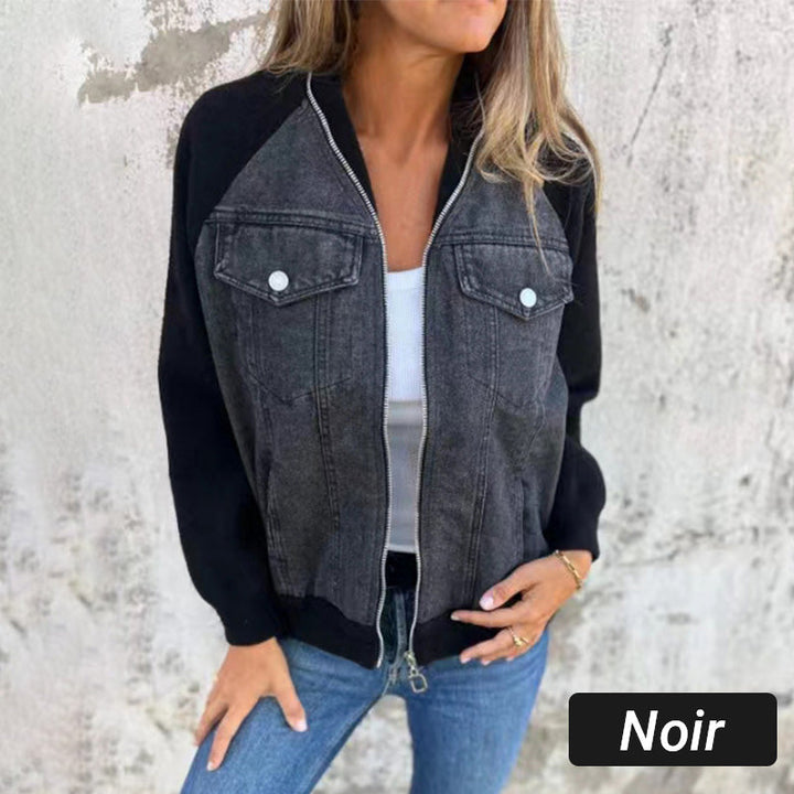 Women's Zip Denim Style Jacket – Comfortable Patchwork Casual Jacket