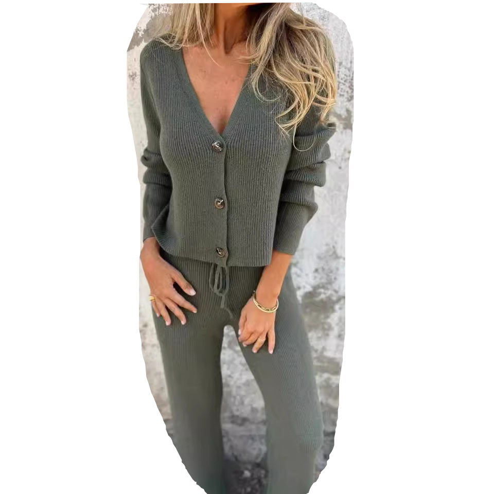 Women's ensemble of cardigan and comfortable, elegant, casual knit pants