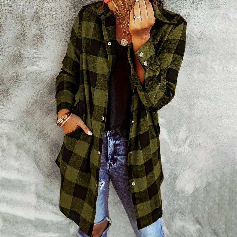 Long plaid shirt jacket for women – casual cotton overshirt for autumn