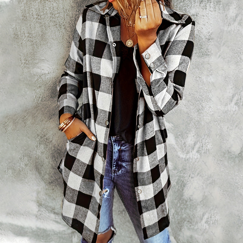 Long plaid shirt jacket for women – casual cotton overshirt for autumn
