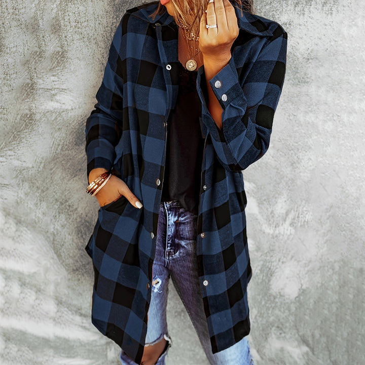 Long plaid shirt jacket for women – casual cotton overshirt for autumn