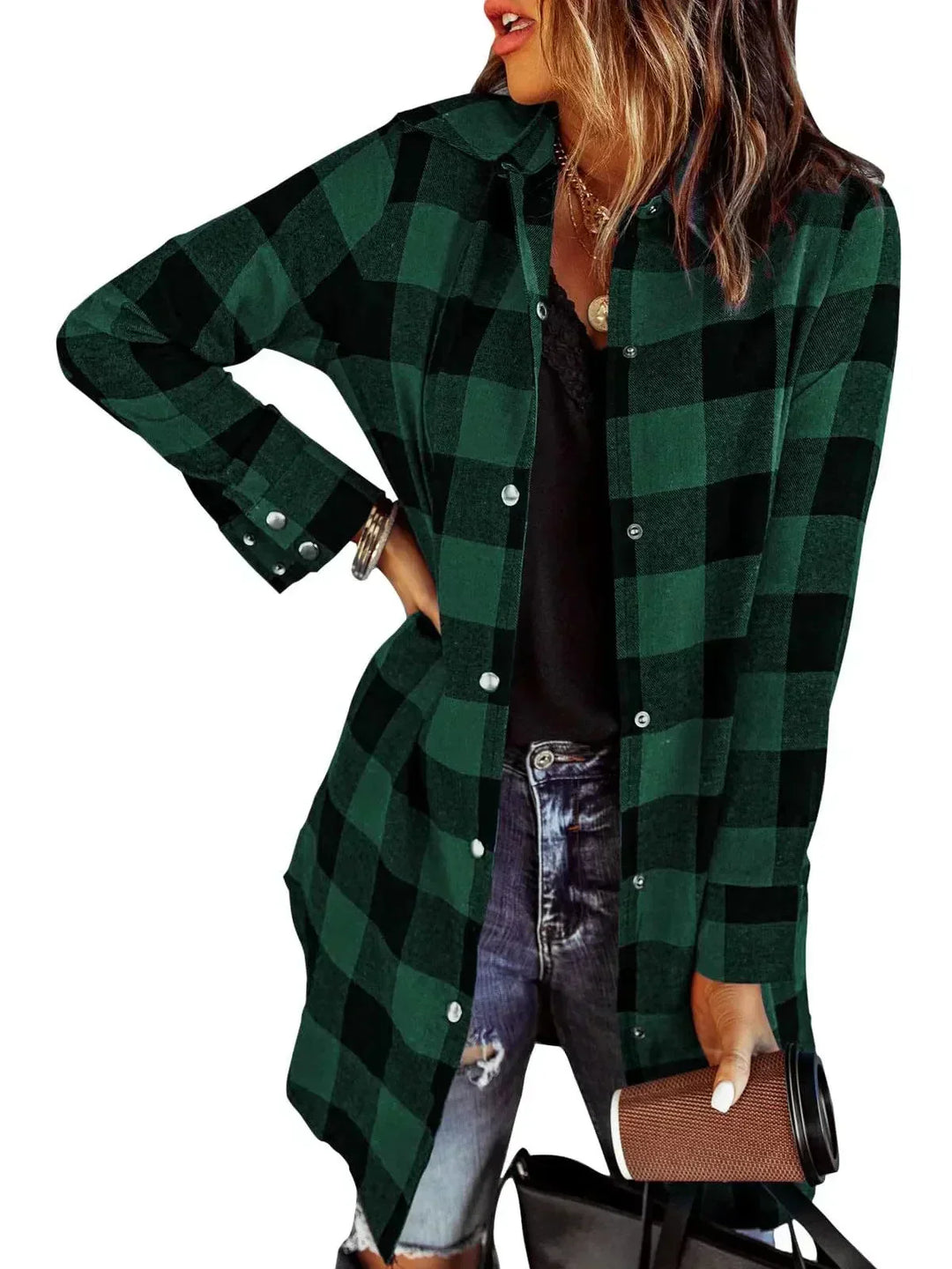 Long plaid shirt jacket for women – casual cotton overshirt for autumn