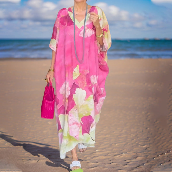 Long Bohemian Floral Dress with Fluid V-Neck, view 6 - Elena Harper
