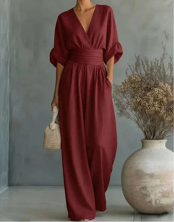 Women's V-Neck Jumpsuit with Flowing Pants