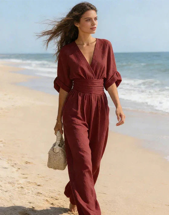 Women's V-Neck Jumpsuit with Flowing Pants
