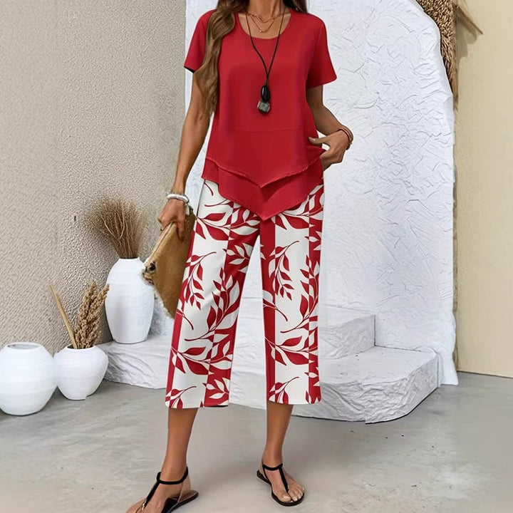 Women's Two-Piece Set with Asymmetrical Top and Printed Pants