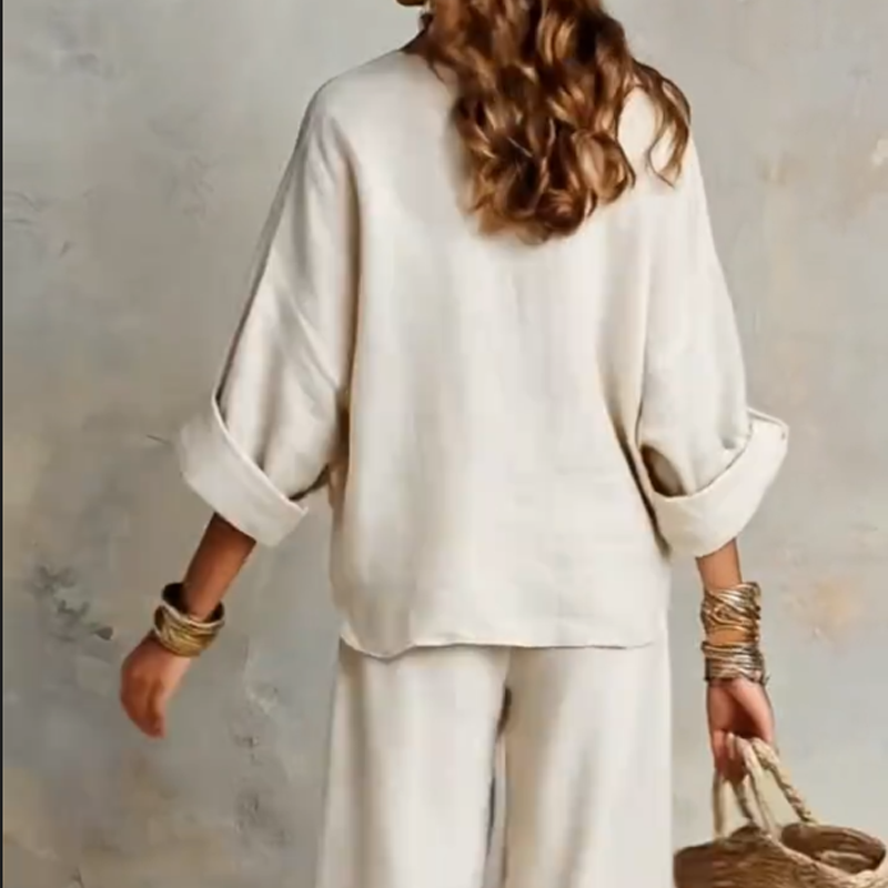Two-Piece Women's Linen Effect Set with Wide Pants