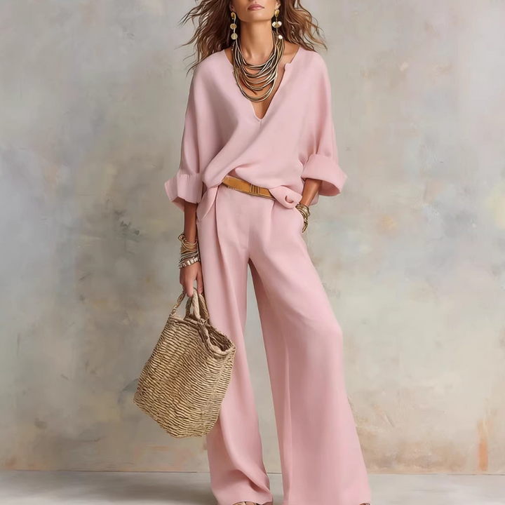 Two-Piece Women's Linen Effect Set with Wide Pants