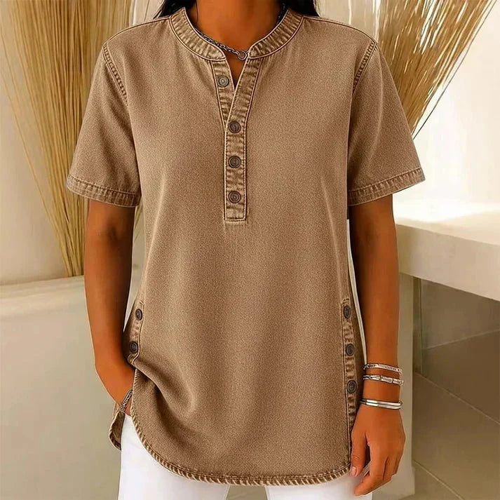 Avelyn Henley Tunic Top with Side Buttons for Women - Elena Harper