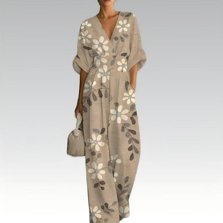 Floral Women's Jumpsuit with V-Neck and Defined Waist