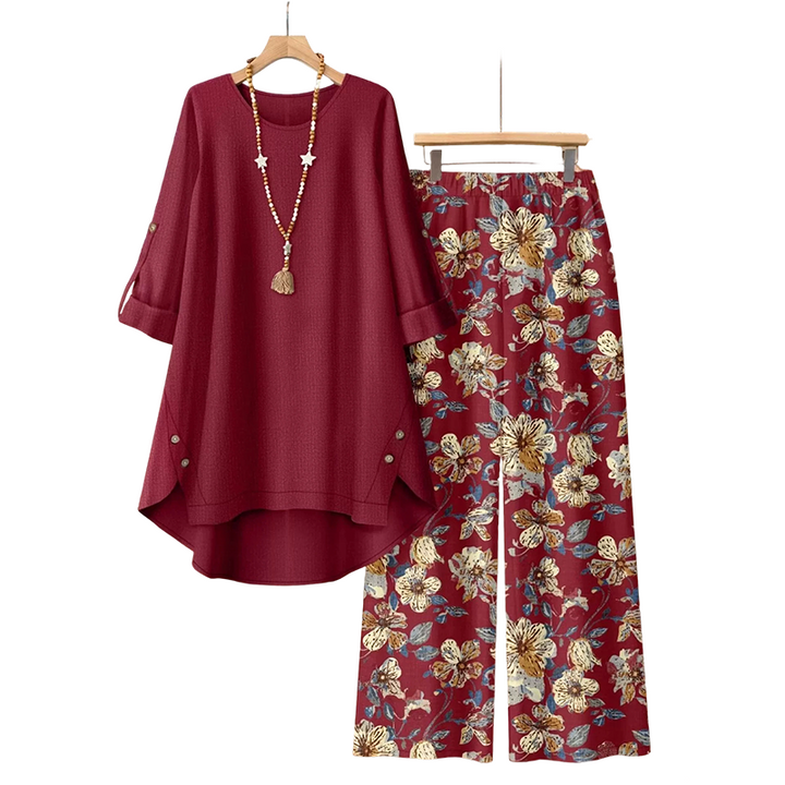 Two-Piece Women's Cotton Linen Set with Floral Pants