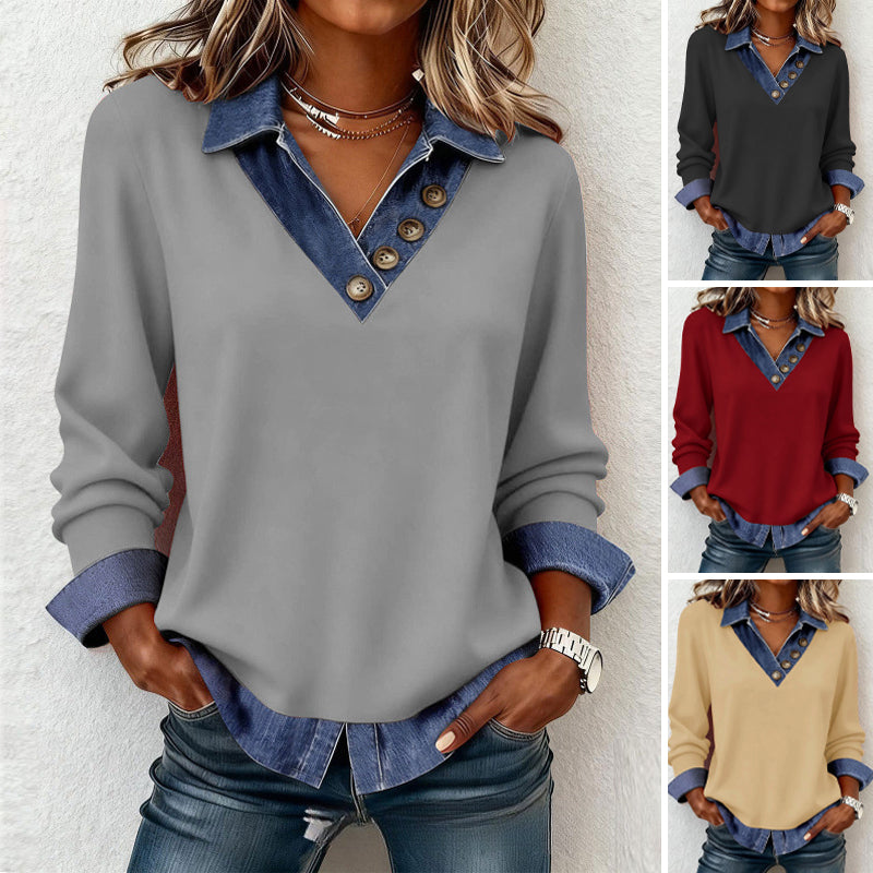 Women's Layered Effect Shirt with Denim Collar