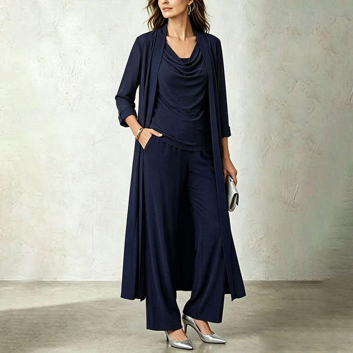 Three-piece women's outfit with long cardigan and flowy pants