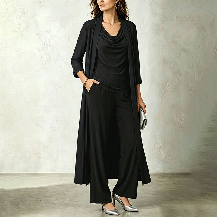 Three-piece women's outfit with long cardigan and flowy pants