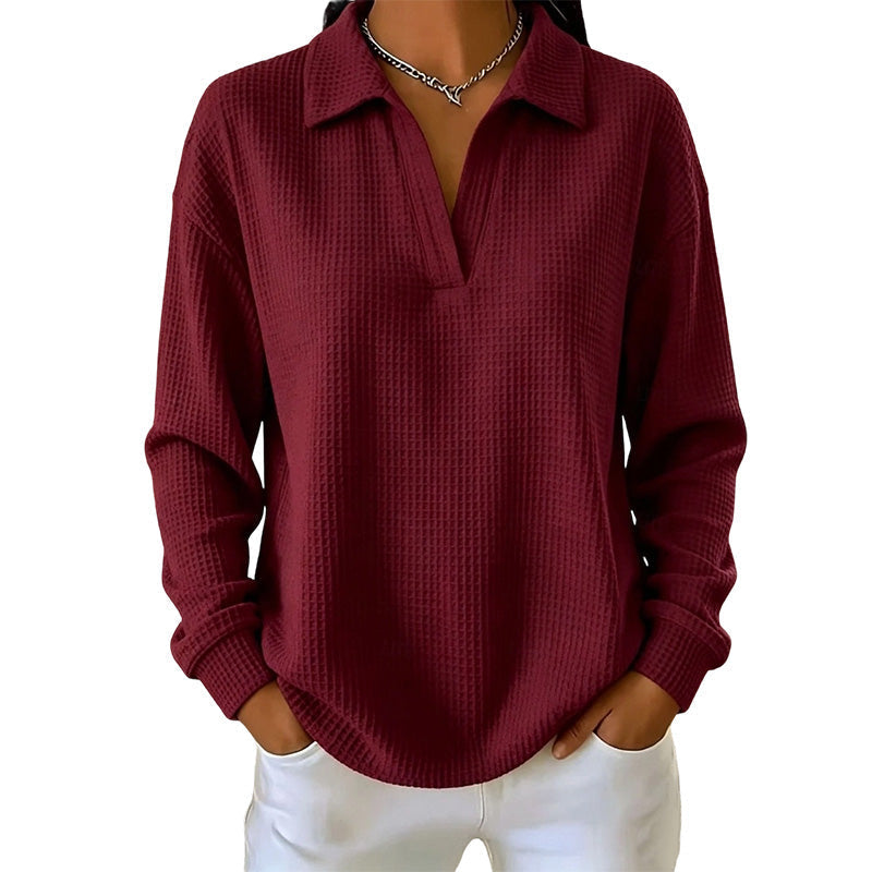 Women's Waffle Textured Long Sleeve V-Neck Top