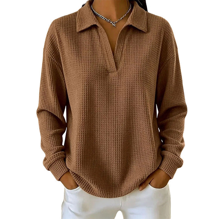 Women's Waffle Textured Long Sleeve V-Neck Top