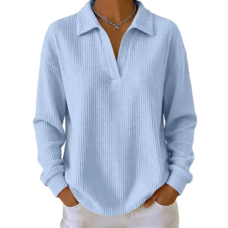 Women's Waffle Textured Long Sleeve V-Neck Top
