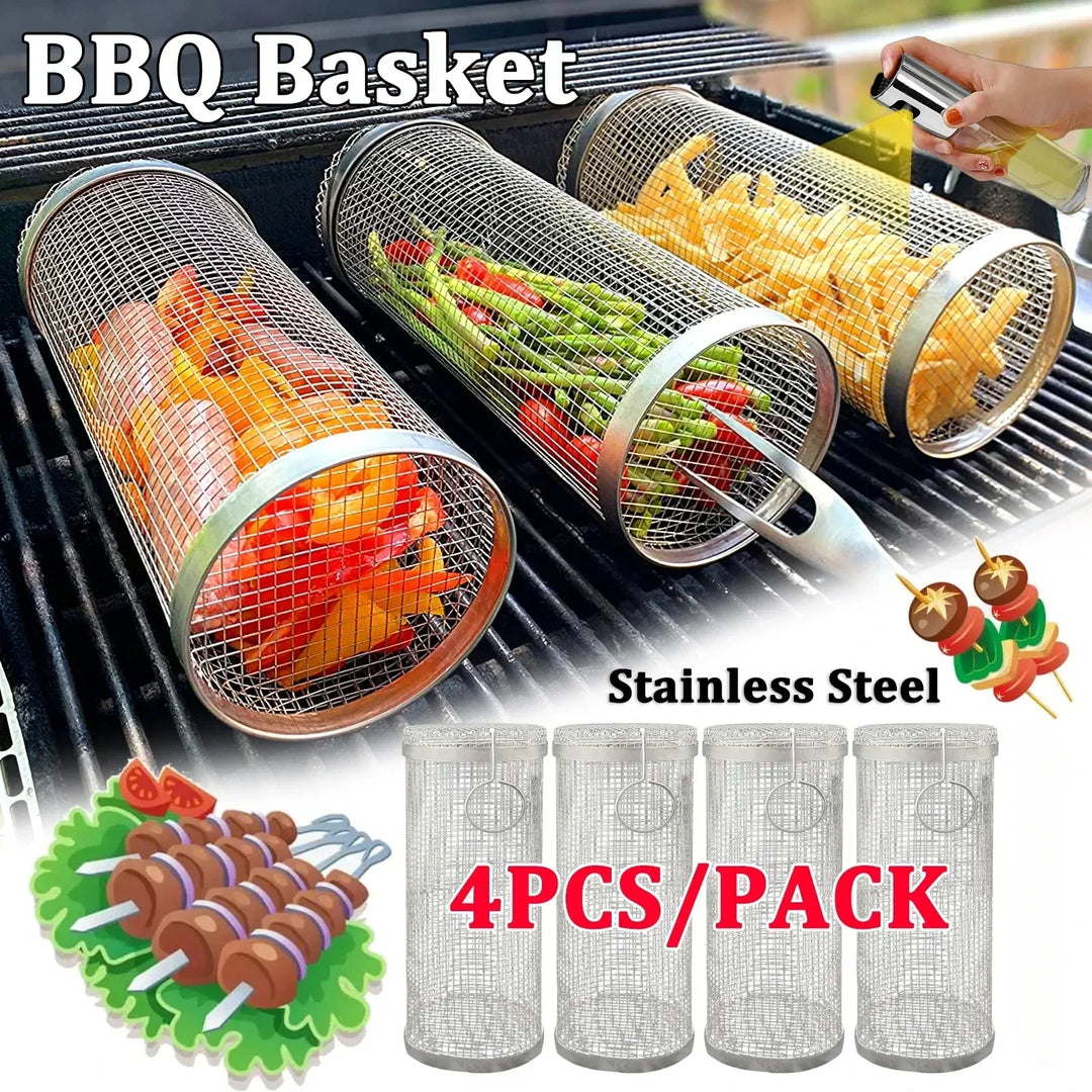 Stainless Steel BBQ Grill Rolling Basket - Easy Grilling