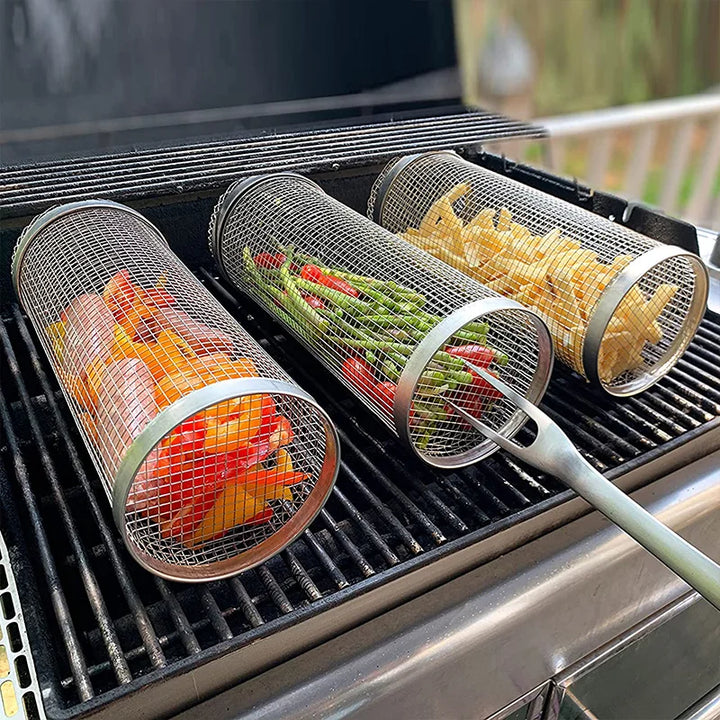 Stainless Steel BBQ Grill Rolling Basket - Easy Grilling