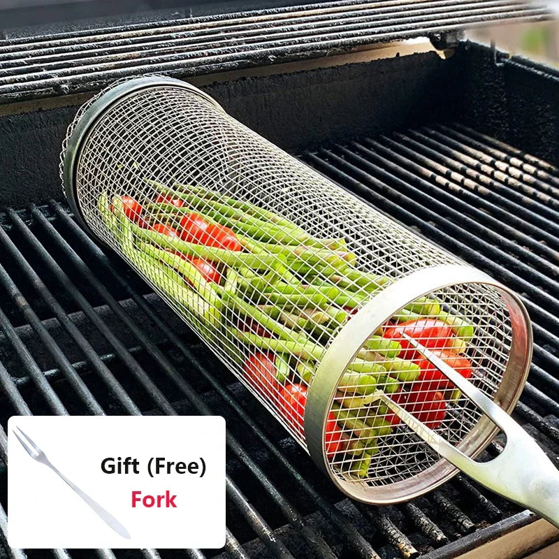 Stainless Steel BBQ Grill Rolling Basket - Easy Grilling