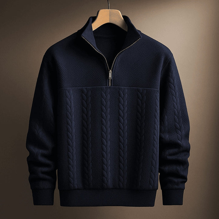 Stylish Cable Knit Sweater with Half-Zip and Stand-Up Collar for Men