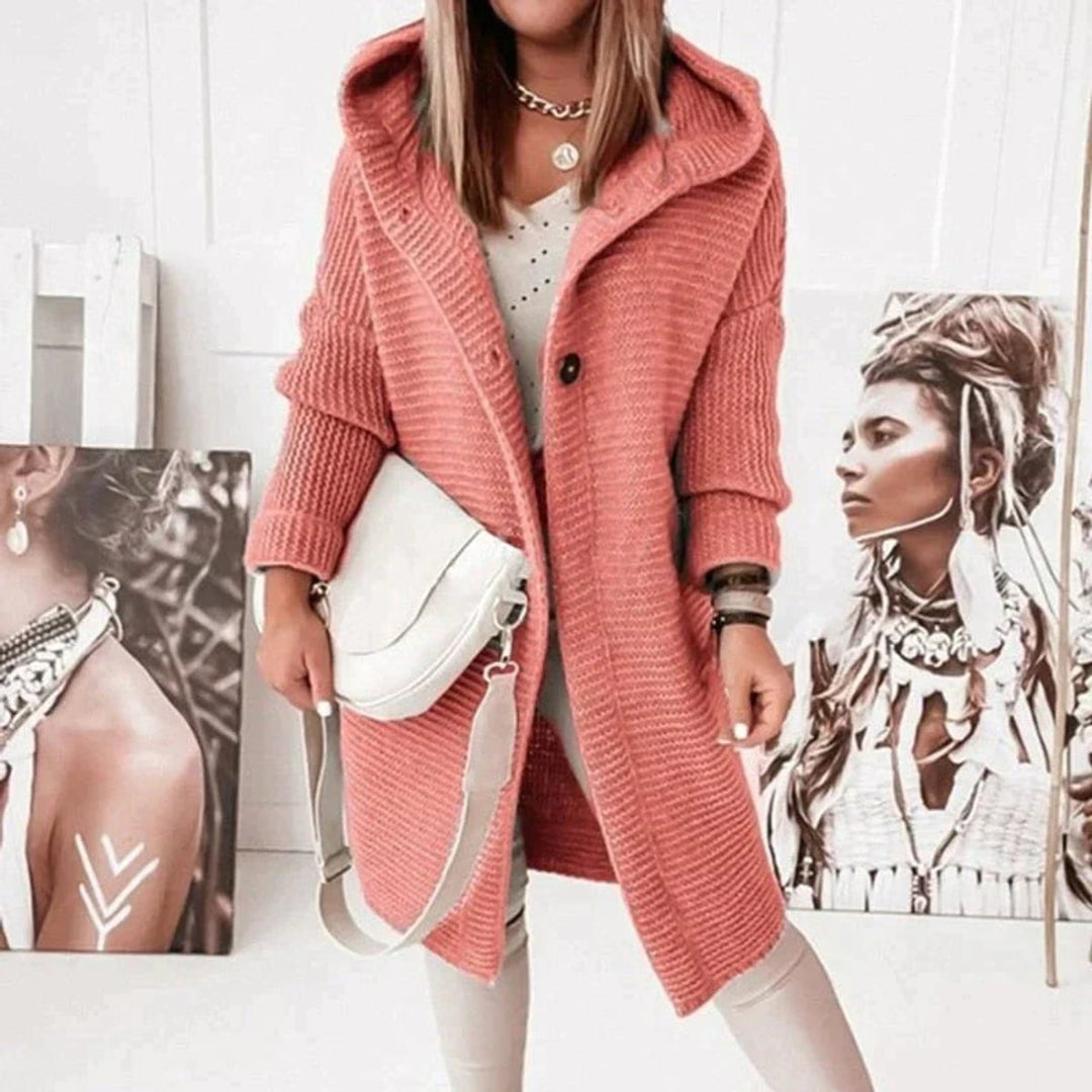 Lena | Women's Long Knitted Cardigan Warm Hooded Button Placket Oversized
