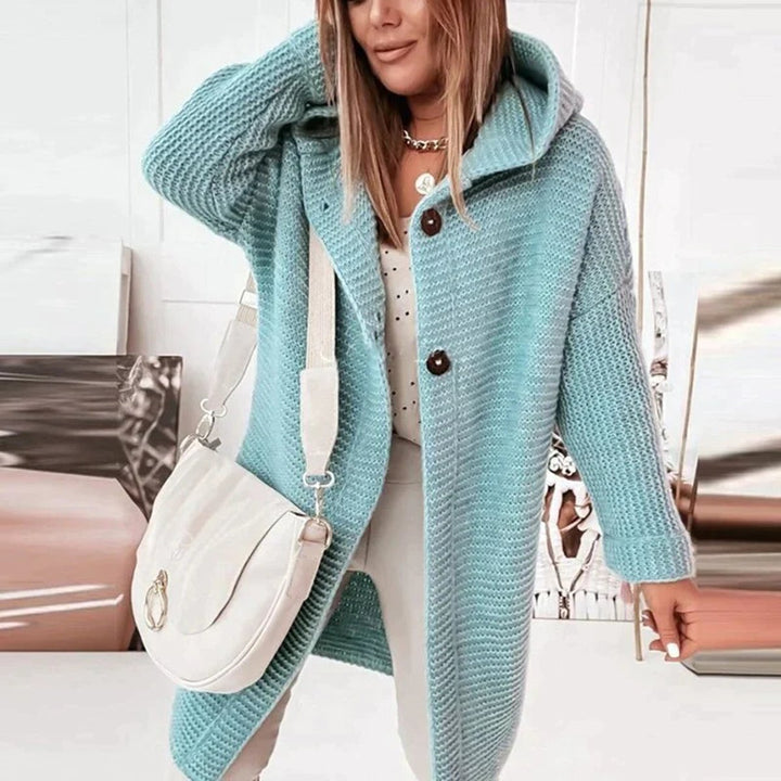 Lena | Women's Long Knitted Cardigan Warm Hooded Button Placket Oversized