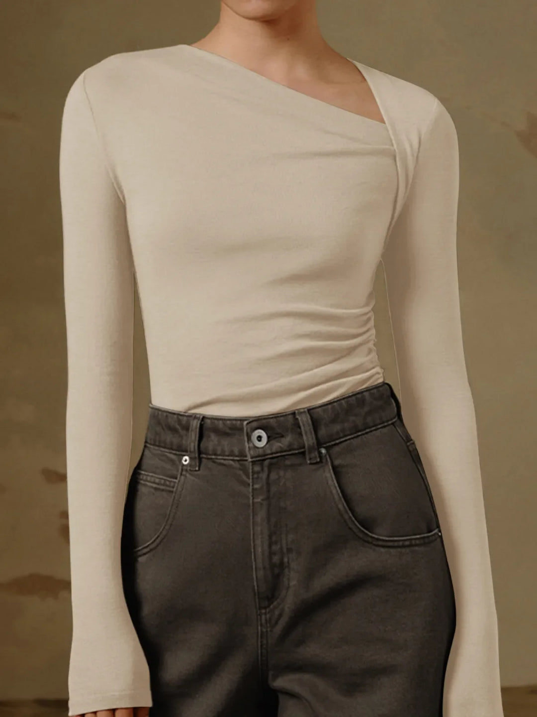 Women’s Long Sleeve Asymmetrical Neckline Fitted Top - Marit