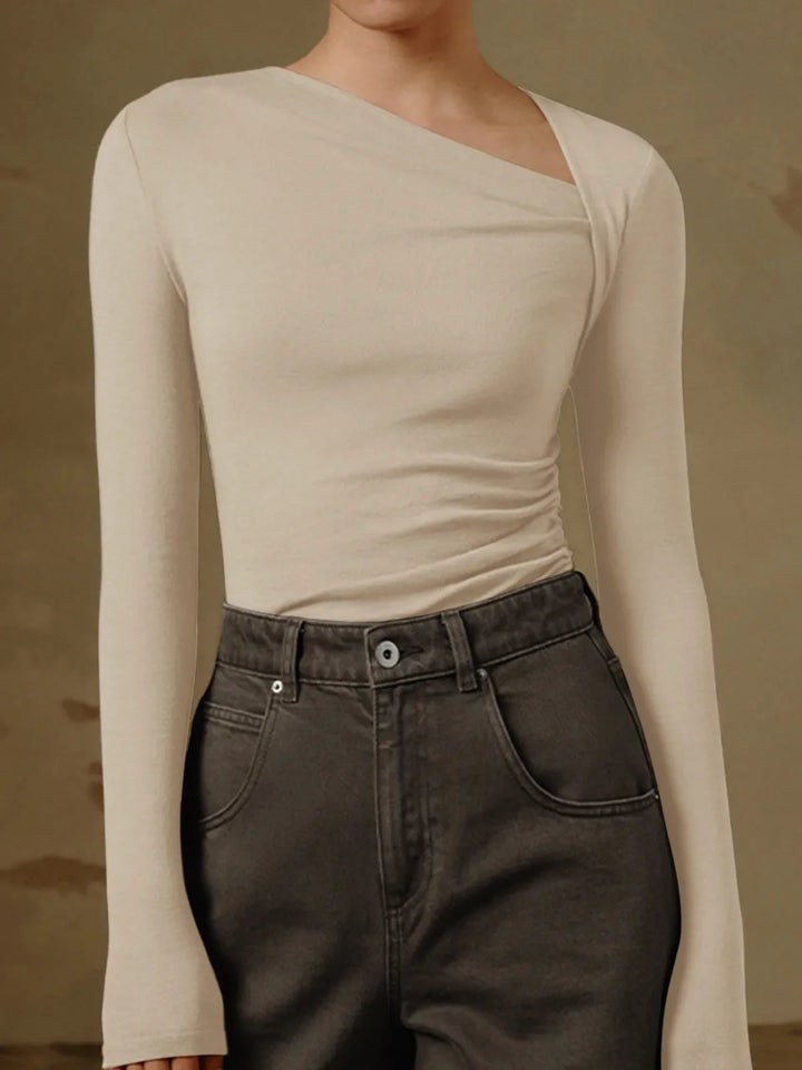 Women’s Long Sleeve Asymmetrical Neckline Fitted Top - Marit