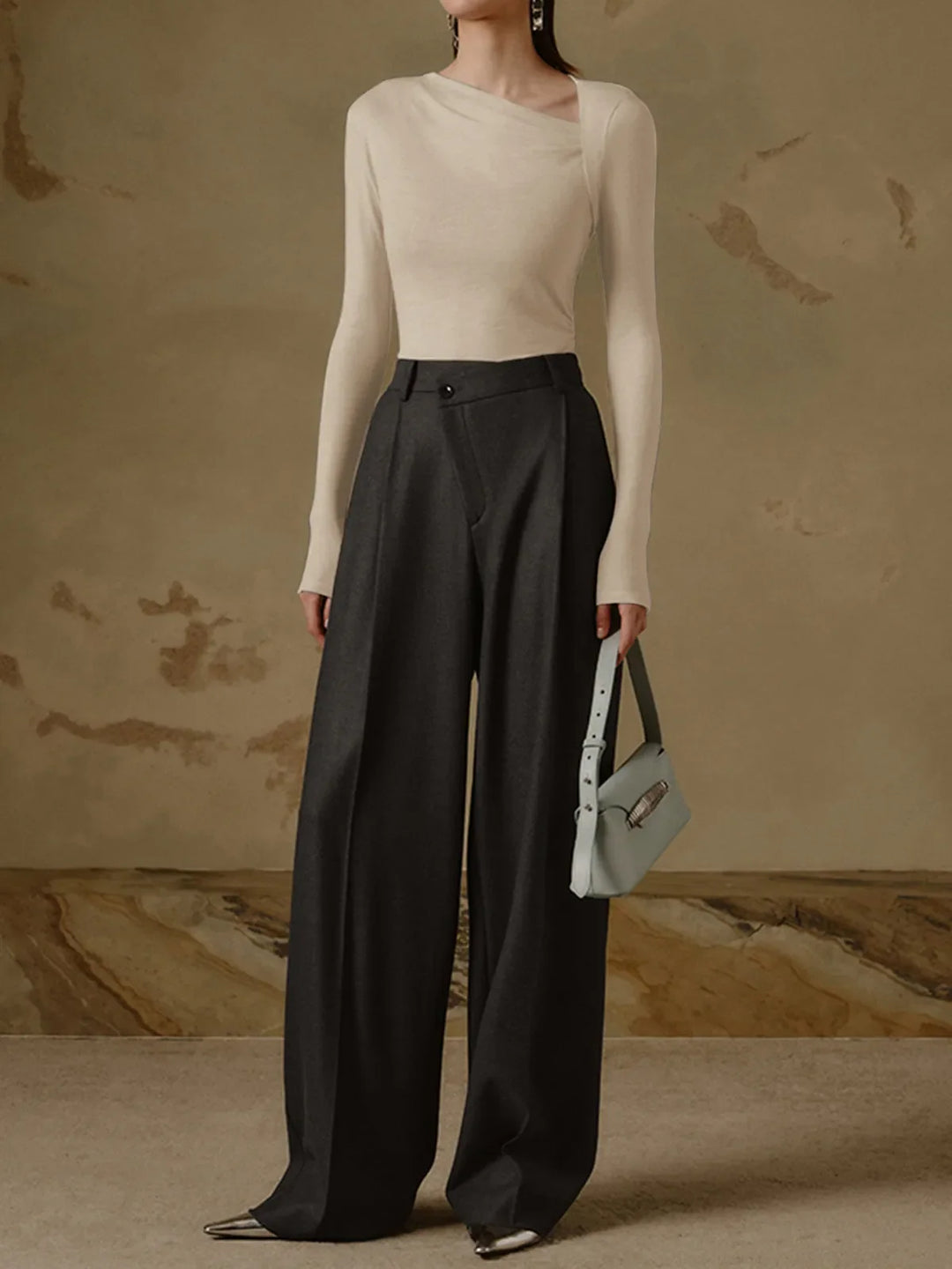 Women’s Long Sleeve Asymmetrical Neckline Fitted Top - Marit