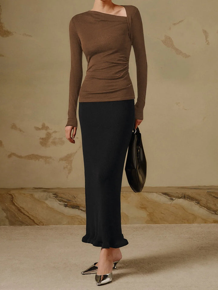 Women’s Long Sleeve Asymmetrical Neckline Fitted Top - Marit