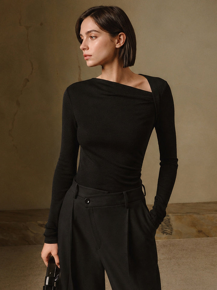 Women’s Long Sleeve Asymmetrical Neckline Fitted Top - Marit