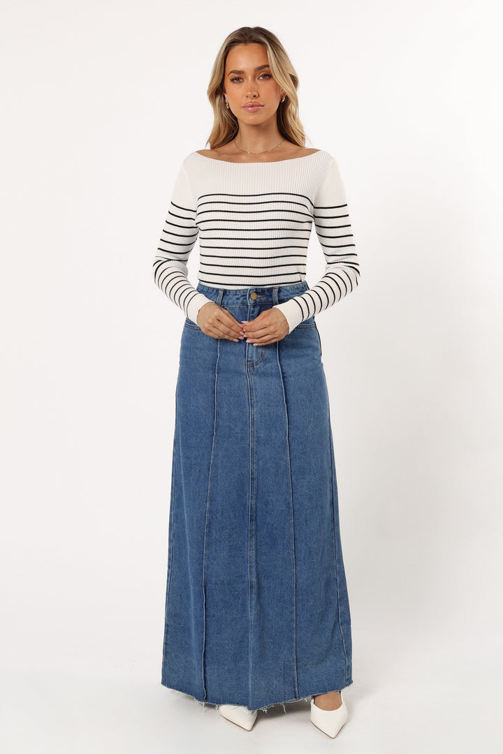 Women's Striped Knit Top with Boat Neck and Long Sleeves - Kiersten