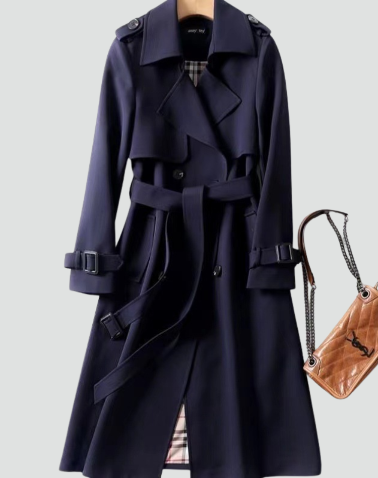 Long Women's Trench Coat with Double Button Closure