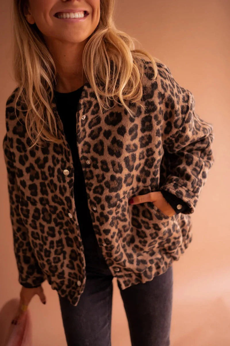 Women's Trendy Leopard Print Bomber Jacket with Snap Front