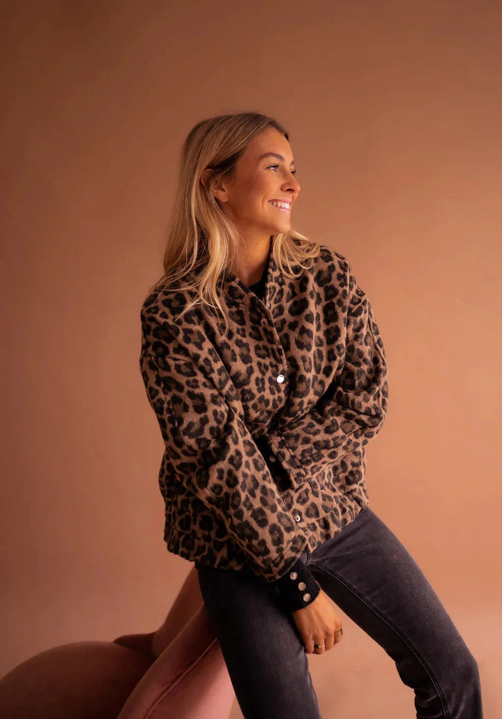 Women's Trendy Leopard Print Bomber Jacket with Snap Front