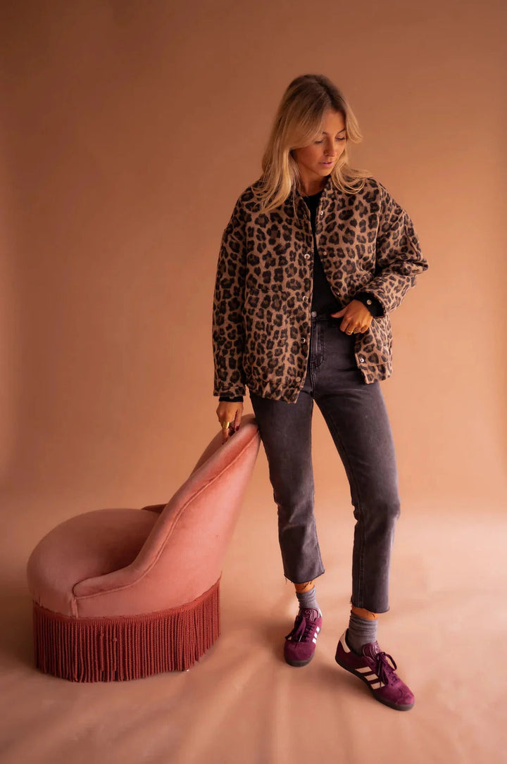 Women's Trendy Leopard Print Bomber Jacket with Snap Front