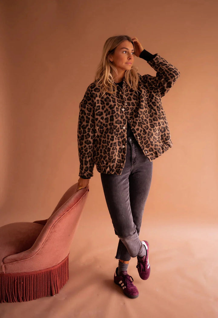 Women's Trendy Leopard Print Bomber Jacket with Snap Front