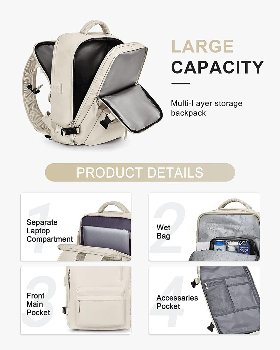 Unisex Waterproof Travel Backpack with Shoe & USB Port - 14in Laptop