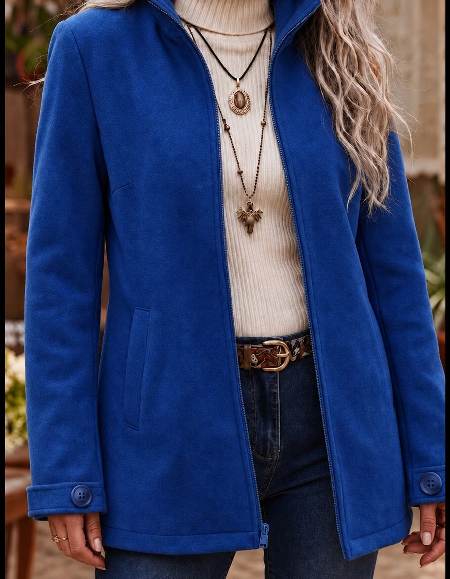 Aoife Women's Zip-Up Jacket with Stand Collar and Button Cuffs - Elena Harper