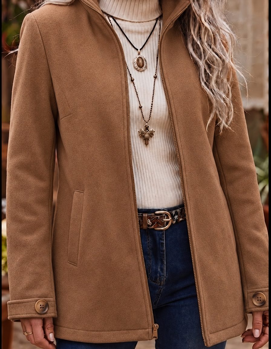 Aoife Women's Zip-Up Jacket with Stand Collar and Button Cuffs - Elena Harper