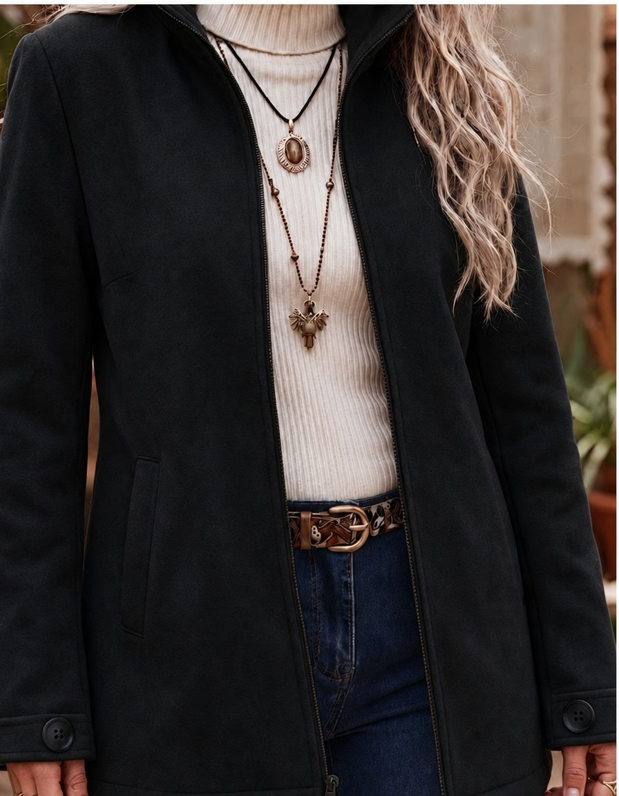Aoife Women's Zip-Up Jacket with Stand Collar and Button Cuffs - Elena Harper