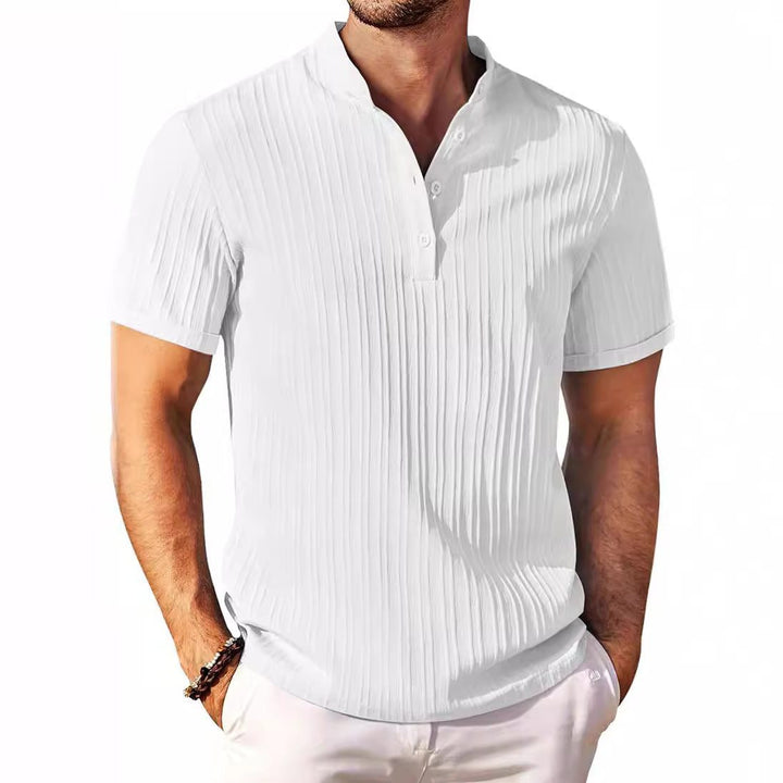 Men's Checkered Henley Shirt with Short Sleeves and Button Closure