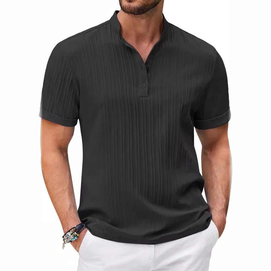 Men's Checkered Henley Shirt with Short Sleeves and Button Closure